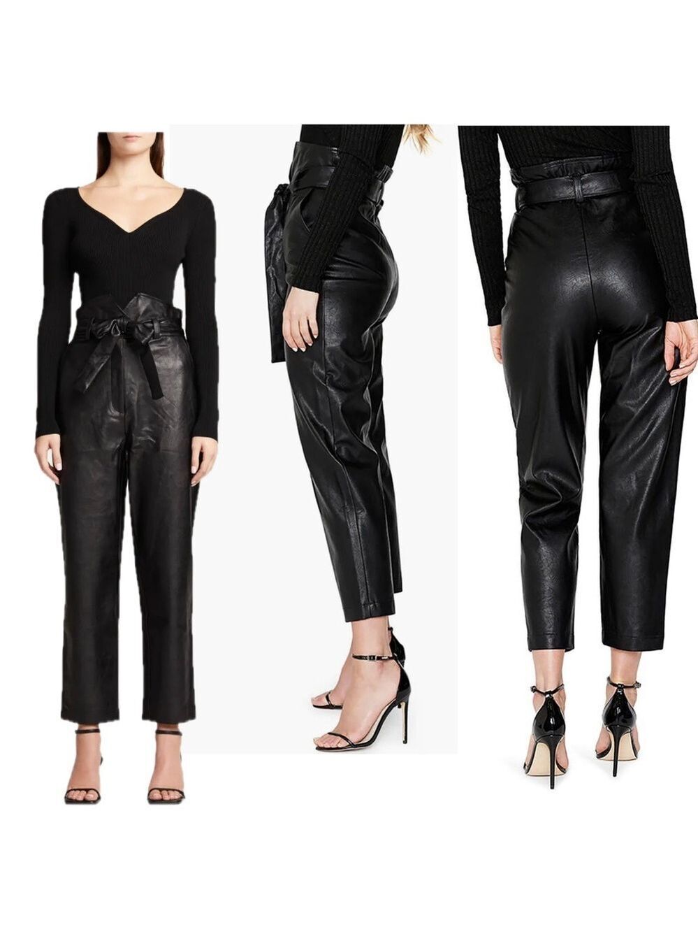 Bardot Black Debbie Textured Faux Leather hi-rise paperbag tapered Pants Sz XXL